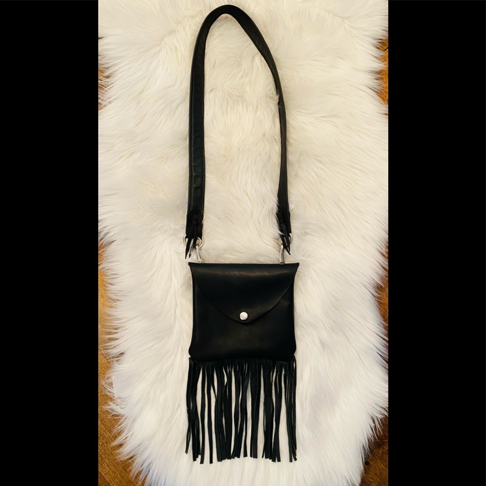 Black Leather Purse Crossbody Bag Fringe Detachable Strap Hippie Hipster